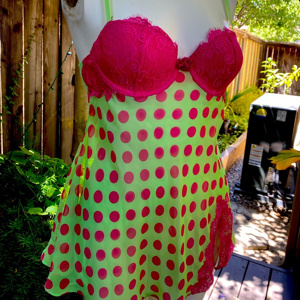 Lime green hot pink sheer lace babydoll lingerie